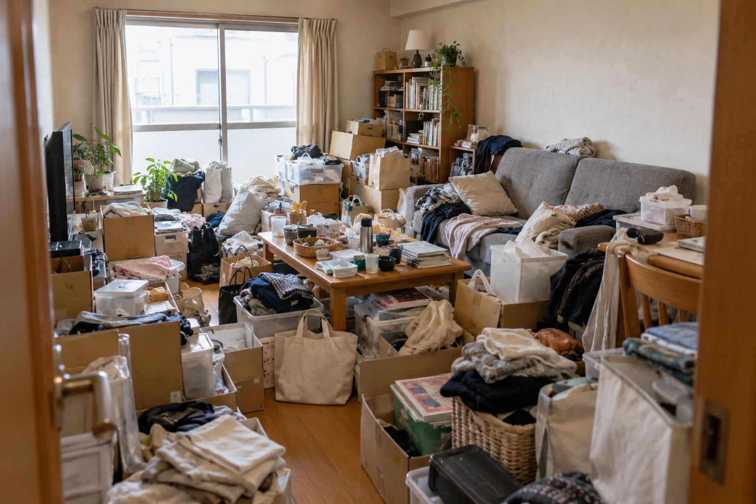 片付け前のイメージ:衣類や箱、家具などで床が埋まった部屋